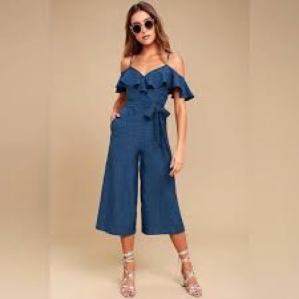 Lulu’s Lost in Love Dark Blue Off-the-Shoulder Midi Jumpsuit: size small